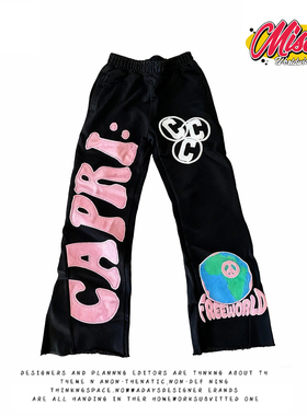 y2k hoodie嘻哈风黑色字母印花卫裤男女宽松休闲裤潮流街头风长裤