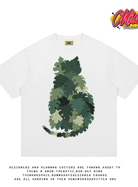 造物GOODGOD 2025夏季新款草叶小猫咪小众设计感印花宽松短袖T恤