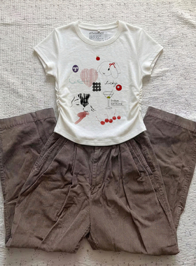 韩系卡通小狗印花短袖T恤女夏季抽绳收腰显瘦bm风甜辣妹短款上衣