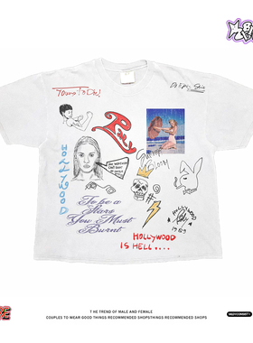 复古涂鸦风~HOLLYWOOD美式小众oversize宽松纯棉男女潮牌休闲半袖