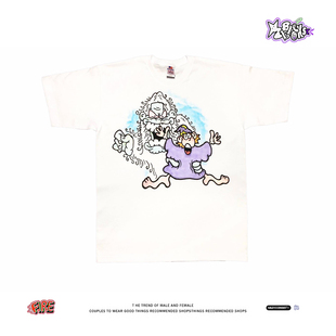 T恤男女宽松纯棉夏 街头风卡通印花短袖 美式 小众小人疯跑怪兽炸毛