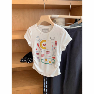 韩系治愈系手绘早餐抽绳短袖 显瘦圆领弧形下摆甜妹风上衣 T恤修身