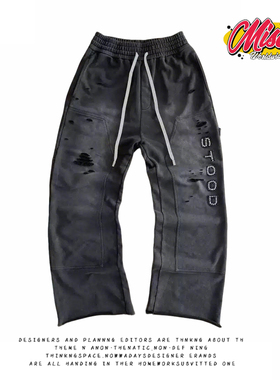 y2k hoodie~美式小众复古风破洞黑色卫裤女宽松直筒抽绳休闲长裤