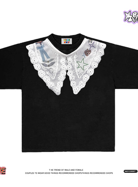 艺术家系列~假蕾丝娃娃领印花短袖T恤男女宽松百搭oversize上衣