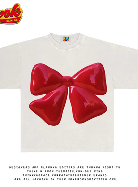 造物GOODGOD 2025夏季新款红色蝴蝶结小众设计感印花宽松短袖T恤