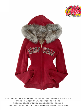 y2k hoodie~美式复古毛领连帽卫衣女红色加绒宽松显白秋冬外套