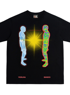 28blocks美式复古黑色抽象印花短袖t恤夏季oversize宽松潮牌上衣