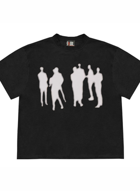 28blocks美式复古黑色短袖2024夏季新款t恤男女宽松百搭圆领上衣