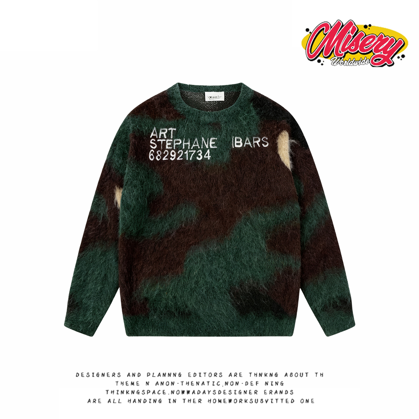 y2k hoodie美式复古迷彩圆领毛衣男女套头针织衫潮流百搭情侣上衣