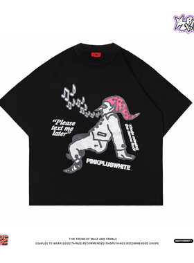 美式小众Y2K怪诞涂鸦街头风卡通印花短袖T恤男女宽松纯棉黑色上衣