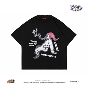 美式 T恤男女宽松纯棉黑色上衣 小众Y2K怪诞涂鸦街头风卡通印花短袖