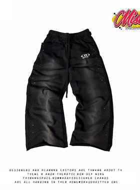 y2k hoodie~美式小众杜甫街头风黑色装饰宽松直筒裤女做旧长裤