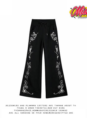 y2k hoodie~黑色印花阔腿卫裤女2025冬季新款宽松bf风微喇长裤