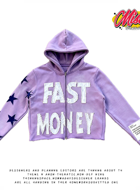y2k hoodie~美式嘻哈风字母连帽卫衣男紫色拉链开衫休闲潮流