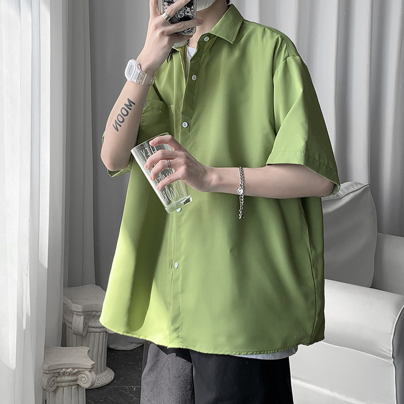 盐系夏款宽松7色纯色短袖翻领衬衫t桖打底衫618-CS90-P30控48，男装T恤，星座618