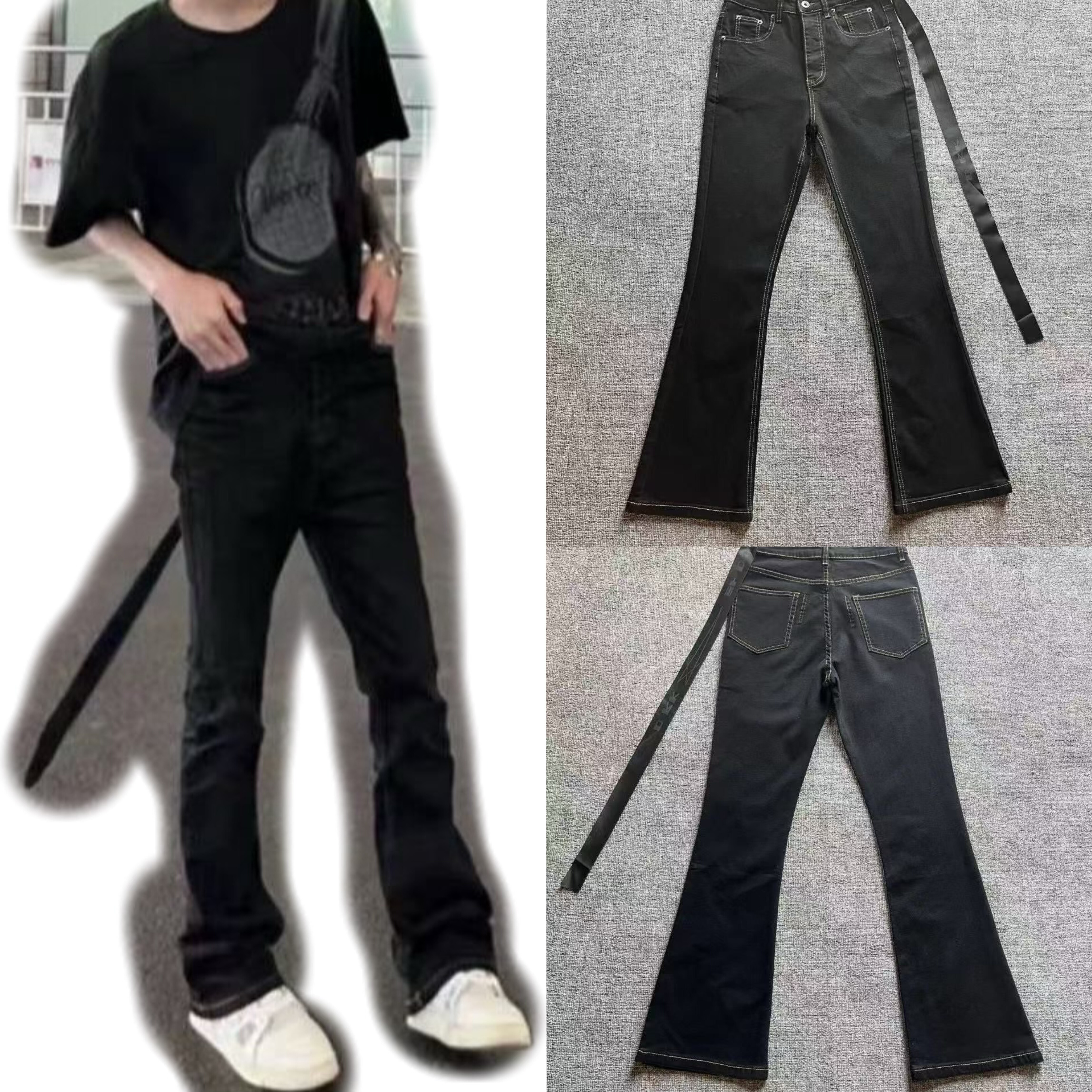 美式复古黑色微喇牛仔裤男款秋季新款宽松直筒阔腿拖地长裤子潮牌