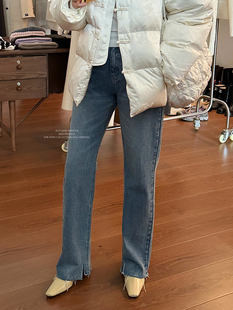 widelia十三行秋季韩版高腰显瘦须边牛仔裤阔腿开叉拖地长裤8139