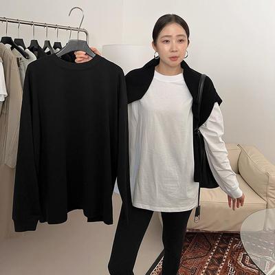 widelia十三行秋冬韩版简约纯色打底衫女中长款圆领显瘦T恤9286