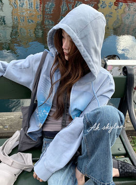 AK skylan 秋季小众晕染连帽卫衣女ins风博主同款拉链外套85976