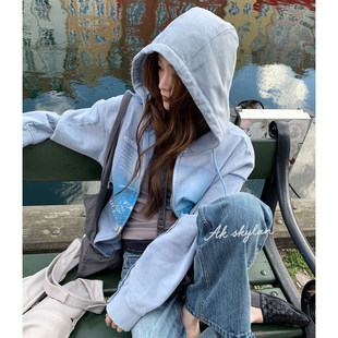 AK skylan 秋季小众晕染连帽卫衣女ins风博主同款拉链外套85976