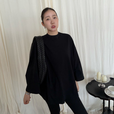 widelia老板娘春季高定小众黑色斗篷T恤时髦洋气蝙蝠袖上衣7052