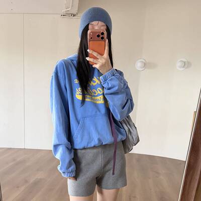 WIDELIA秋冬美式街头彩色字母印花卫衣女短款休闲连帽衫上衣9105