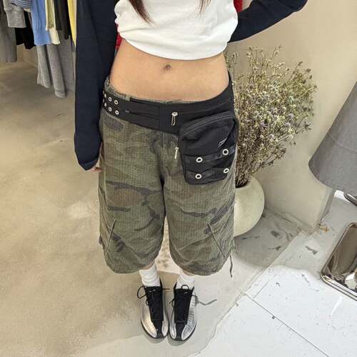 WAIT MORE 秋季美式复古迷彩七分裤女高腰显瘦裤脚抽绳休闲裤9026