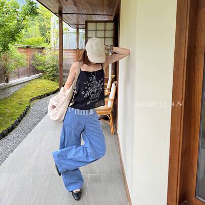 AK skylan 夏季新款复古蓝色工装裤女街头休闲宽松休闲裤60713