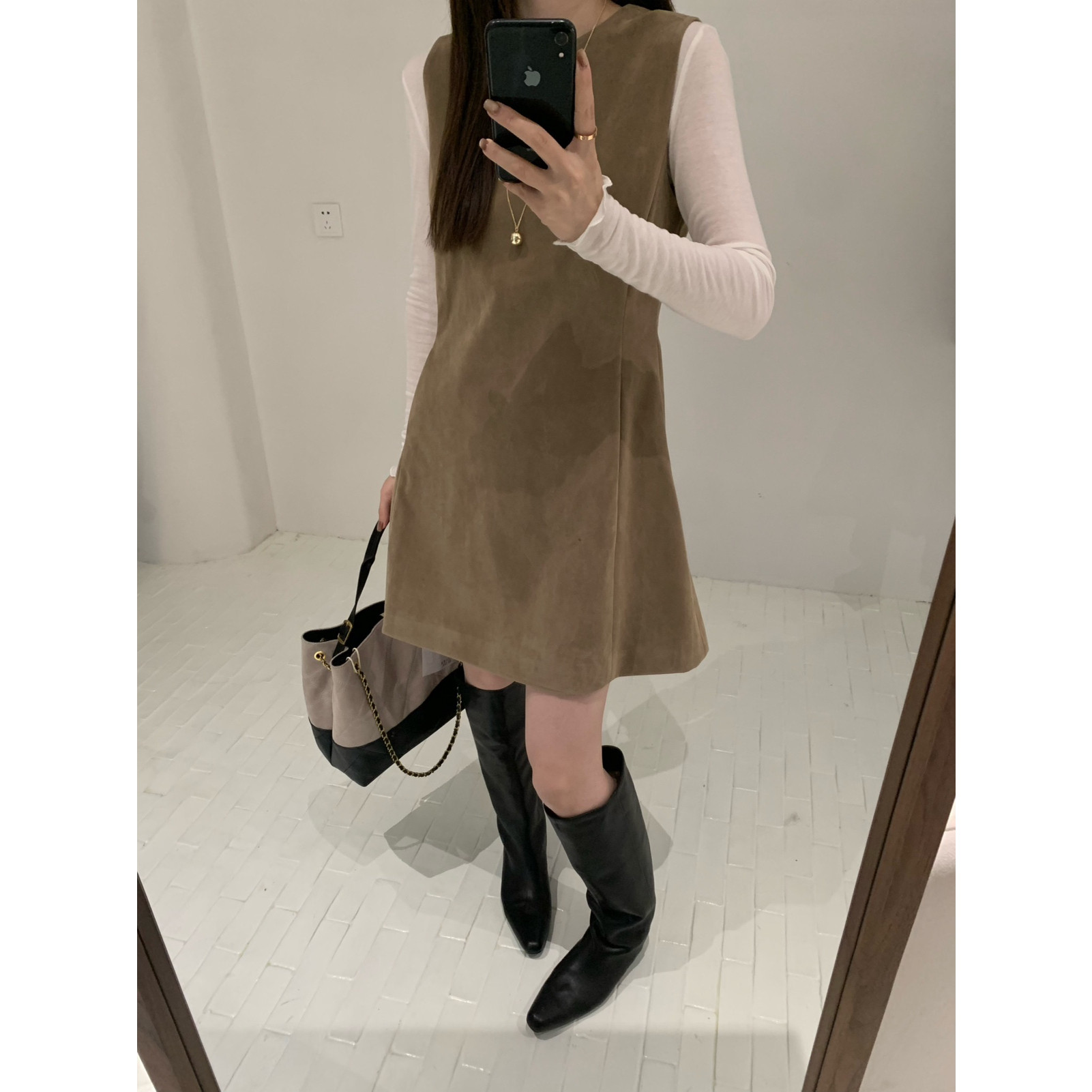 ATELIER BLANC2025秋冬新款女装小众秋款麂皮背心裙连衣裙