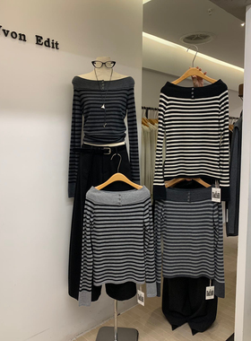 Yvon edit-秋冬新款女装简约慵懒条纹开扣一字肩上衣针织衫