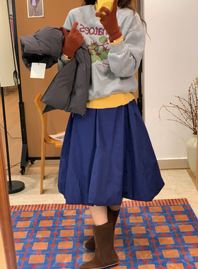 Vaoom-冬季新款女装夹棉七色花色系韩风蓬蓬花苞拉链设计半身裙