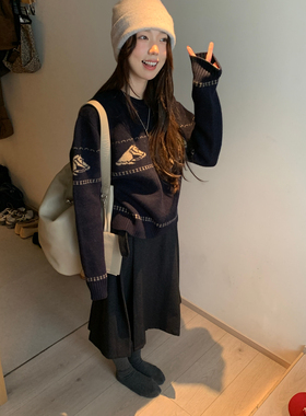 SEMICOLONS 秋冬新款女装定制韩系卡通涂鸦针织保暖毛衣含100羊毛