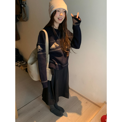 SEMICOLONS 秋冬新款女装定制韩系卡通涂鸦针织保暖毛衣含100羊毛