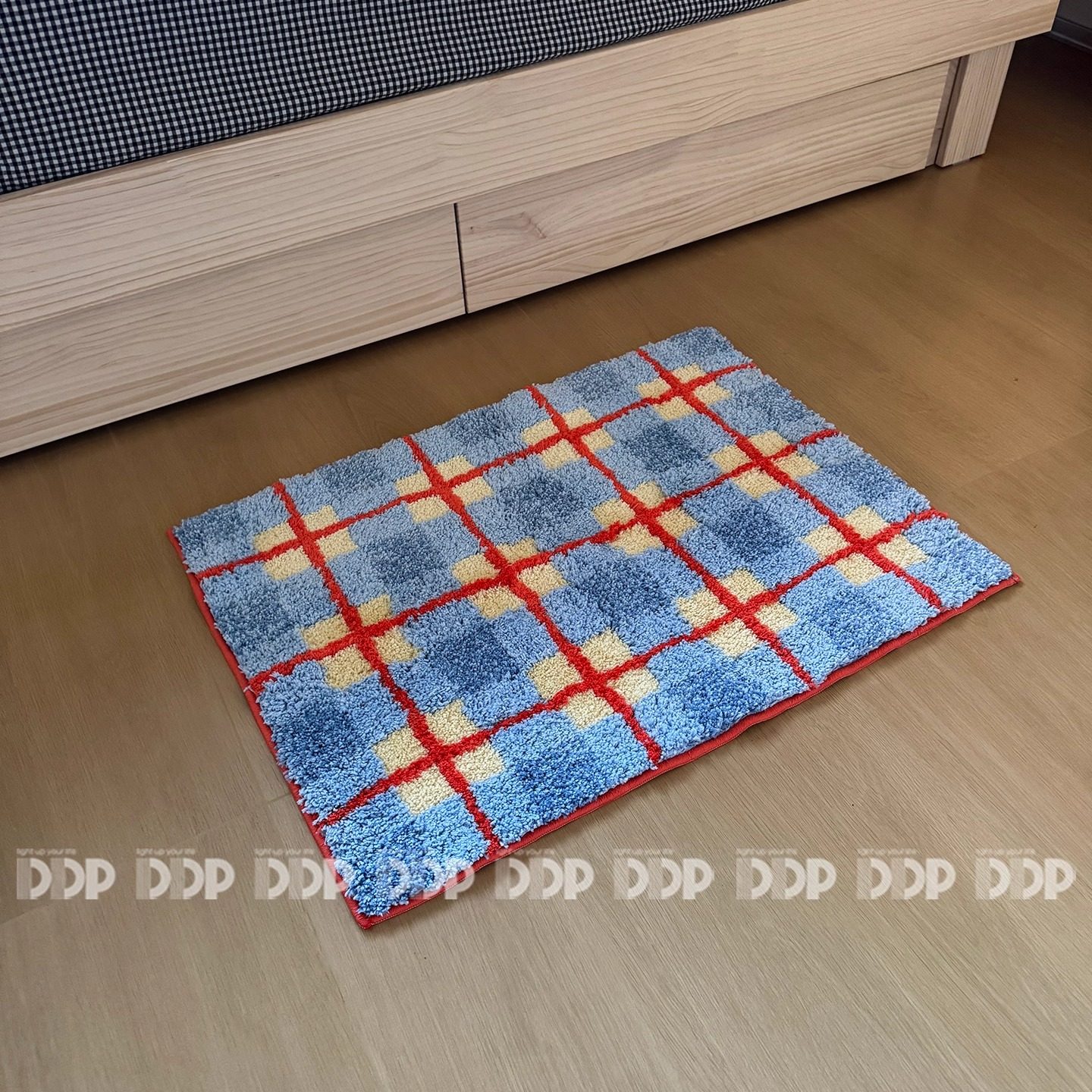 DDP原创中古包豪斯复古韩式蓝色橙红格纹卧室客厅衣帽间簇绒地毯