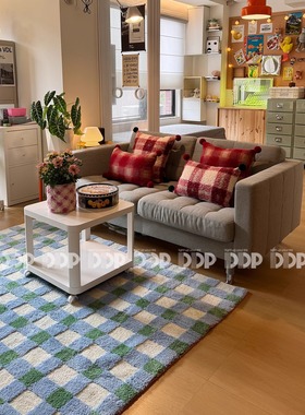 DDP原创中古包豪斯复古韩式蓝绿格纹卧室客厅衣帽间簇绒地毯坐垫