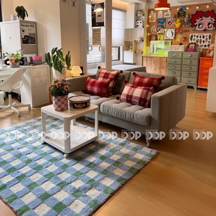 DDP原创中古包豪斯复古韩式 蓝绿格纹卧室客厅衣帽间簇绒地毯坐垫