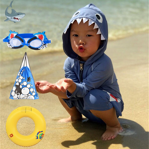 韩版儿童连体泳衣男童防晒可爱鲨鱼游泳衣宝宝小孩温泉泳装连帽 - 封面