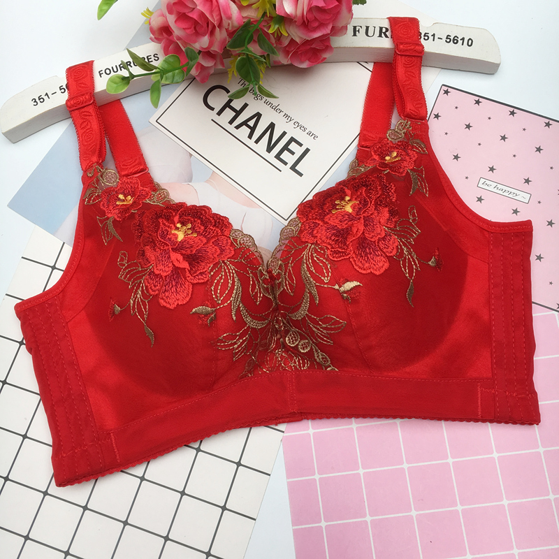 精美刺绣美背文胸套装性感聚拢内衣裤女红色本命年胸罩喜庆无钢圈