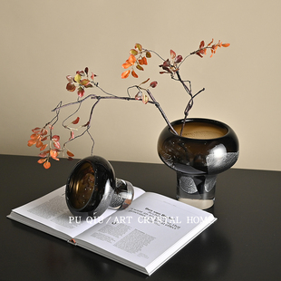 饰品深咖色玻璃花瓶客厅摆件 小众花瓶高级感轻奢样板间茶几桌面装