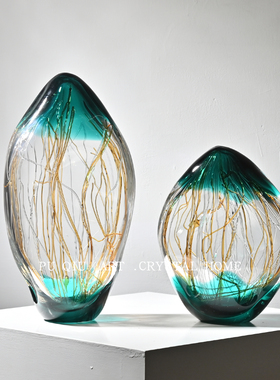 简约艺术玻璃湖蓝基石摆件居家室内电视柜书架玄关桌摆设软装饰品