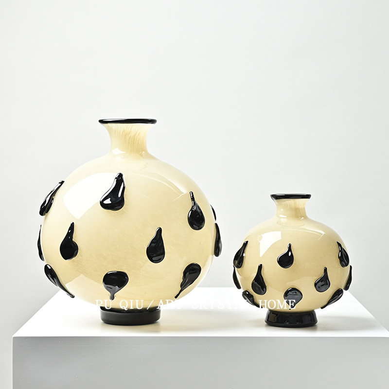 法式家居玄关餐边柜玻璃装饰插花器琉璃中古花瓶黑白波点球形花瓶