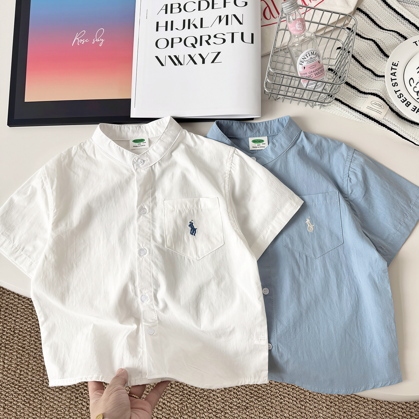 儿童纯棉短袖衬衫 男童日系立领上衣 宝宝夏季宽松透气薄款衣服