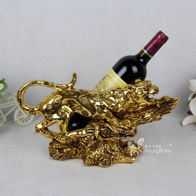 双龙树欧式贴金箔树脂工艺招财金钱豹子红酒架摆件家居酒柜装饰新