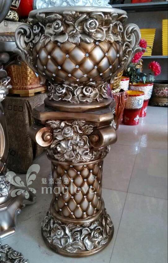 玫瑰花台花插氧化镁镶钻异形雕花欧式金箔仿古花盘罗马柱插花