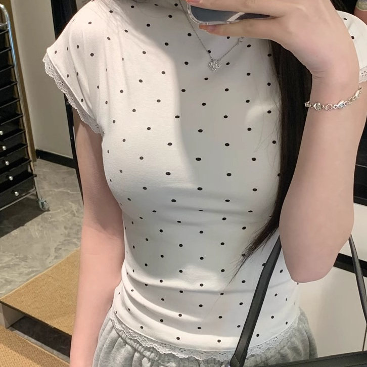 春夏秋法式半高领波点短袖T恤女夏季蕾丝拼接修身显瘦短款上衣ins