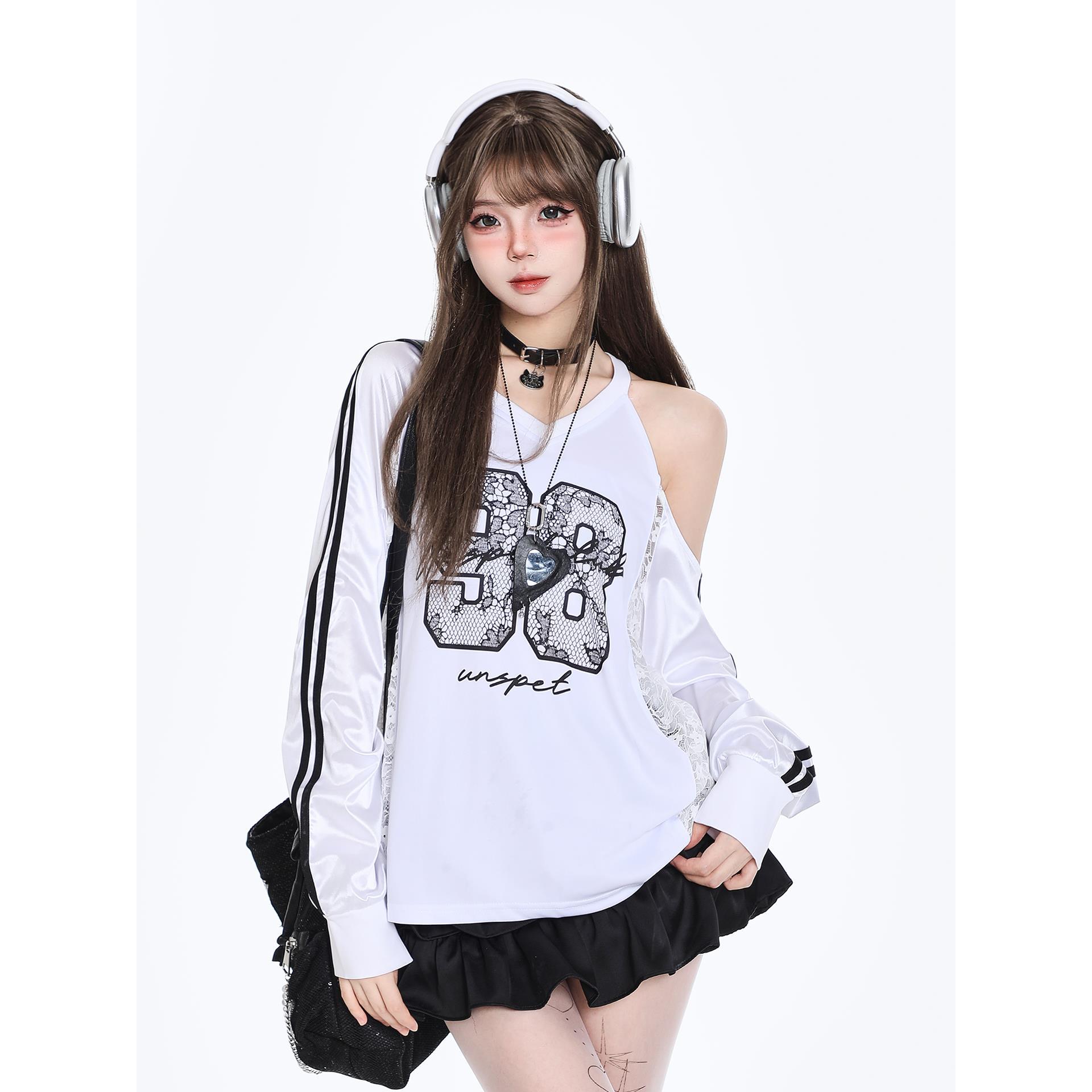 美式辣妹蕾丝拼接长袖T恤女