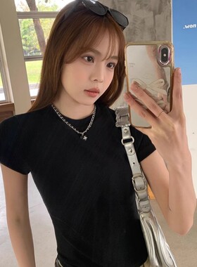 纯色短袖t恤女夏季2025新款春夏秋韩系纯棉圆领修身正肩上衣女ins