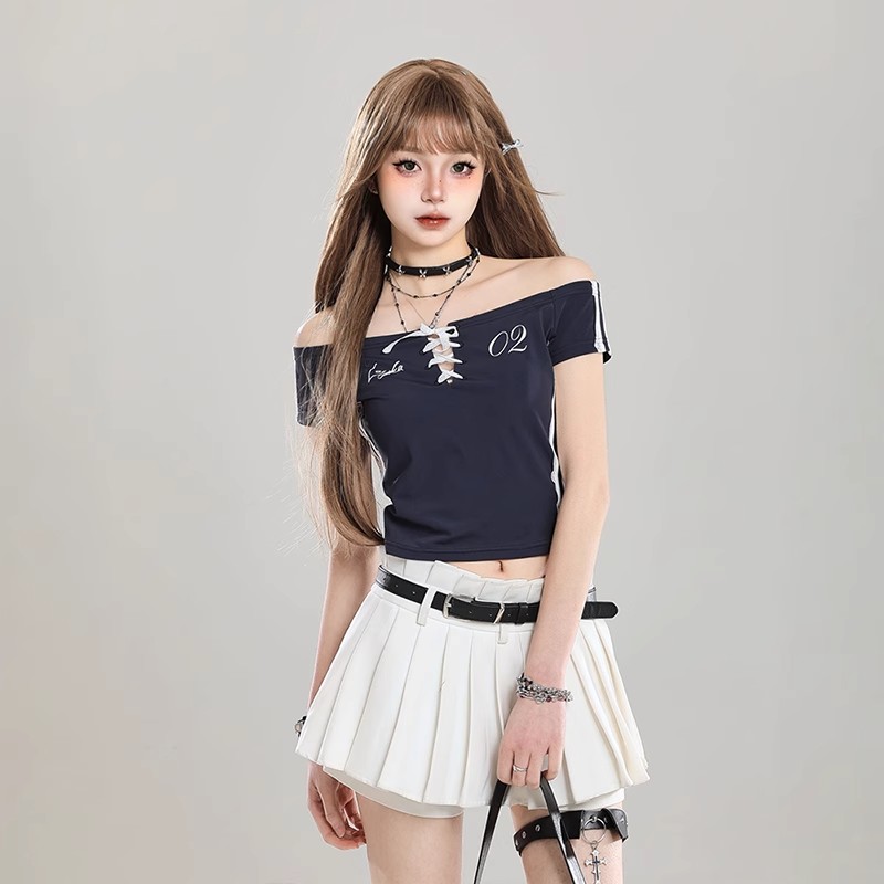 美式辣妹风一字肩印花短袖T恤女