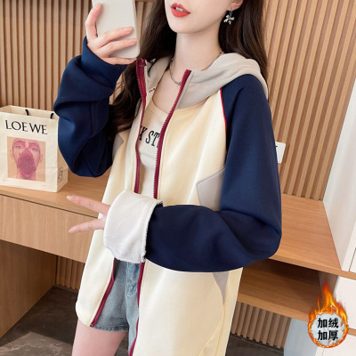 欧美街头拼色连帽外套女天鹅绒
