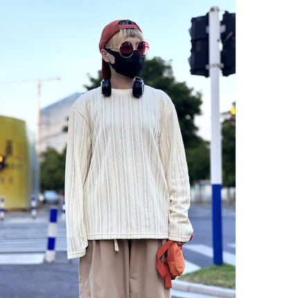 薄款长袖卫衣男秋季美式休闲百搭肌理感长袖镂空圆领套头T恤男潮